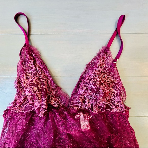 Victoria Secret Lingerie Size S Chemise Burgundy Lace Floral Tie Back - Picture 2 of 5